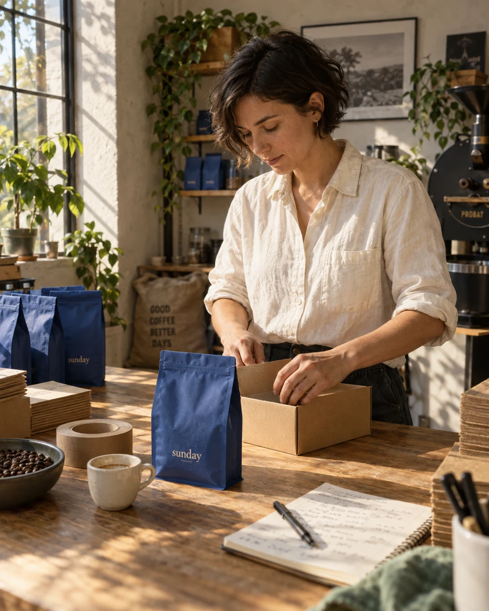 A coffee founder packing an order at her sunlit studio workbench