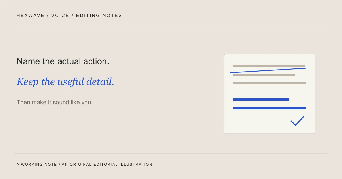 Editorial diagram: Name the actual action.. Keep the useful detail.. Then make it sound like you.