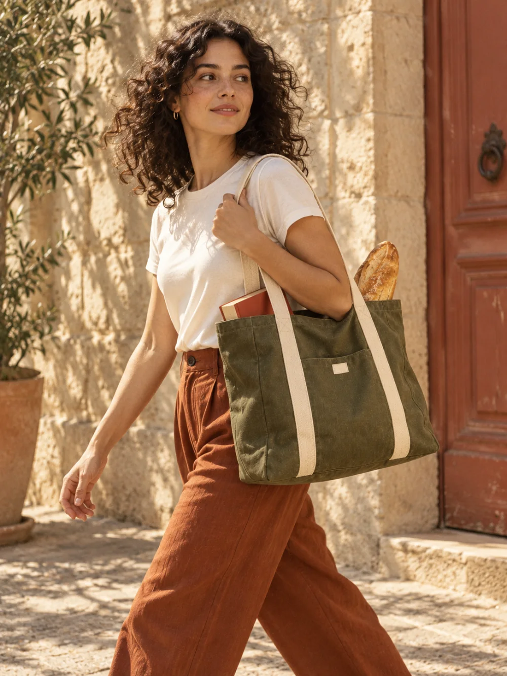 A woman carrying the canvas tote through a sunlit street