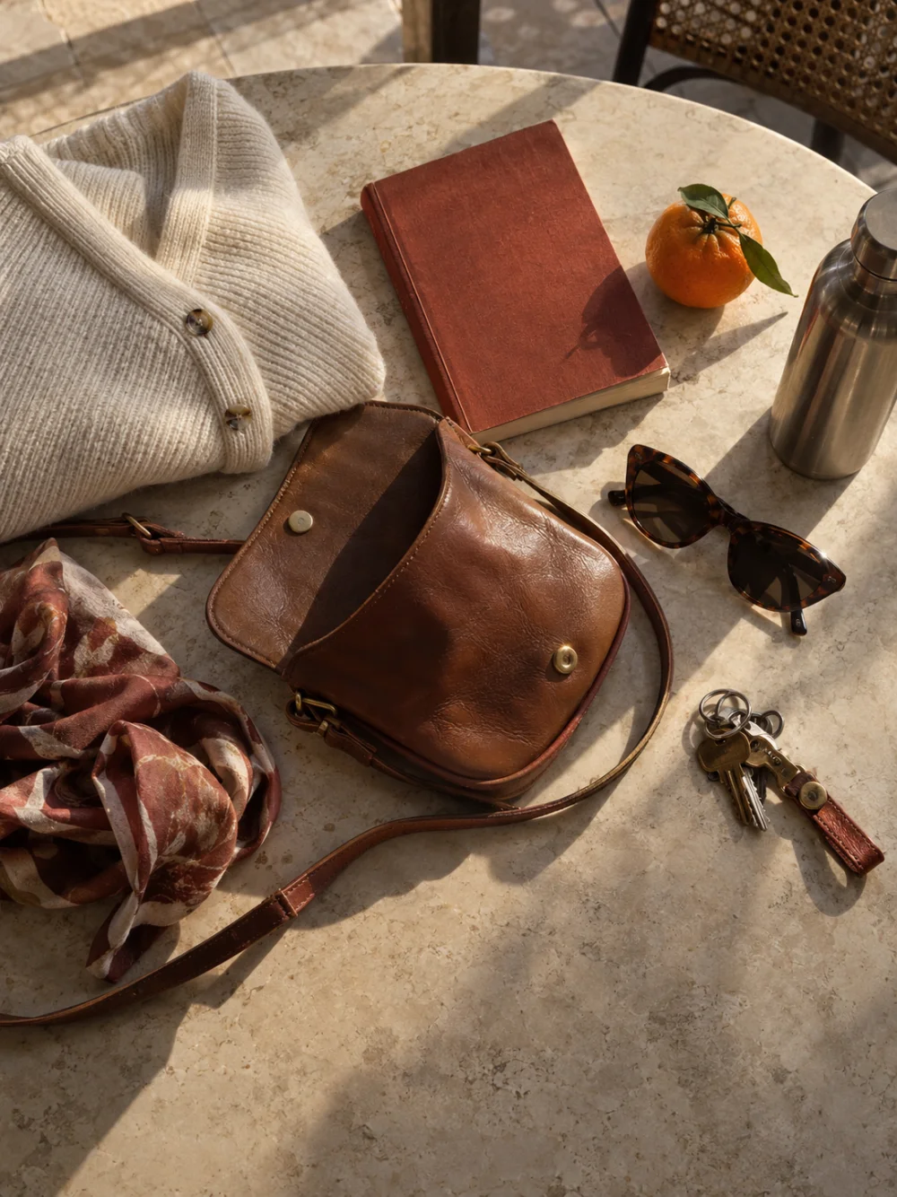 A small leather purse beside more everyday essentials than it can hold