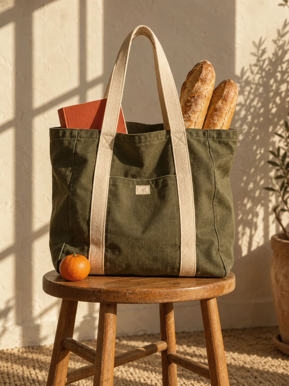 Olive canvas tote with cream handles on a sunlit wooden stool